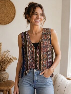 Anokhi multicolor tapestry-patterned vest corduroy V-neckline button-front